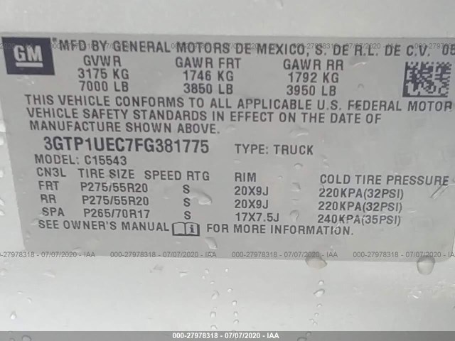 Photo 8 VIN: 3GTP1UEC7FG381775 - GMC SIERRA 1500 