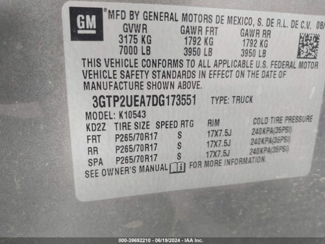 Photo 8 VIN: 3GTP2UEA7DG173551 - GMC SIERRA 