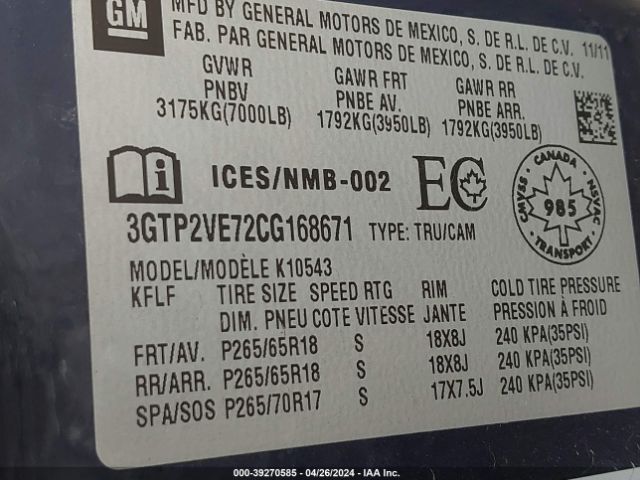 Photo 8 VIN: 3GTP2VE72CG168671 - GMC SIERRA 1500 