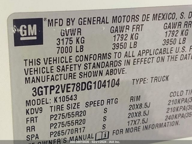 Photo 8 VIN: 3GTP2VE78DG104104 - GMC SIERRA 1500 