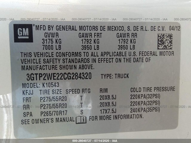 Photo 8 VIN: 3GTP2WE22CG284320 - GMC SIERRA 1500 