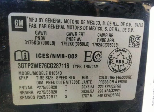 Photo 8 VIN: 3GTP2WE76CG287118 - GMC SIERRA 1500 