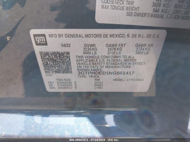 Photo 8 VIN: 3GTPHDED1NG561417 - GMC SIERRA 