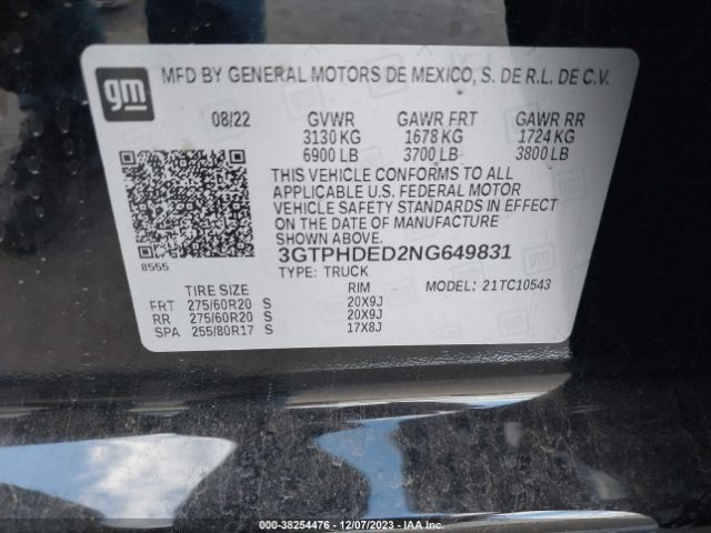 Photo 8 VIN: 3GTPHDED2NG649831 - GMC SIERRA 1500 