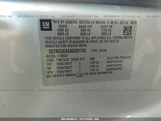 Photo 8 VIN: 3GTRCUEA5AG261743 - GMC SIERRA 1500 