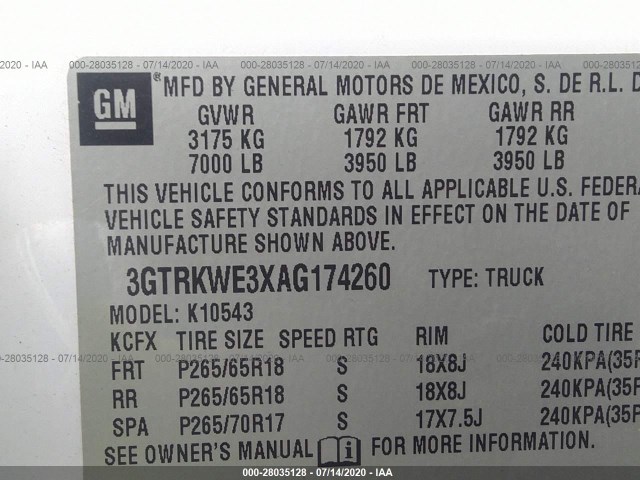 Photo 8 VIN: 3GTRKWE3XAG174260 - GMC SIERRA 1500 