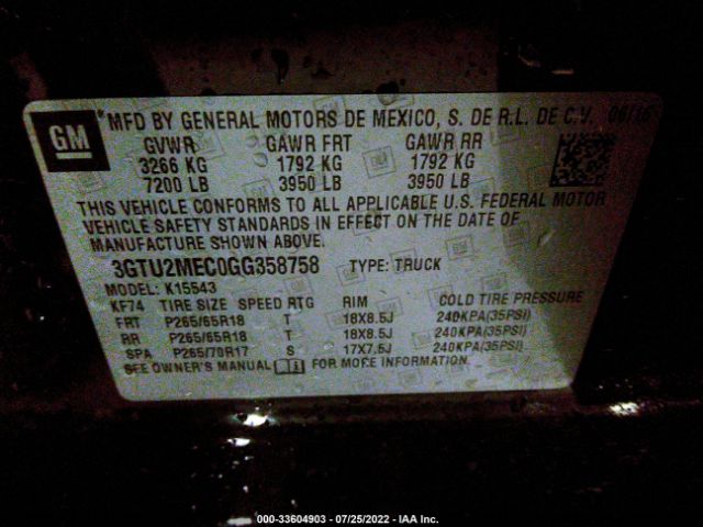 Photo 8 VIN: 3GTU2MEC0GG358758 - GMC SIERRA 1500 