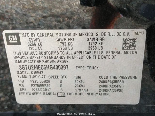 Photo 8 VIN: 3GTU2MEC6HG400397 - GMC SIERRA 1500 