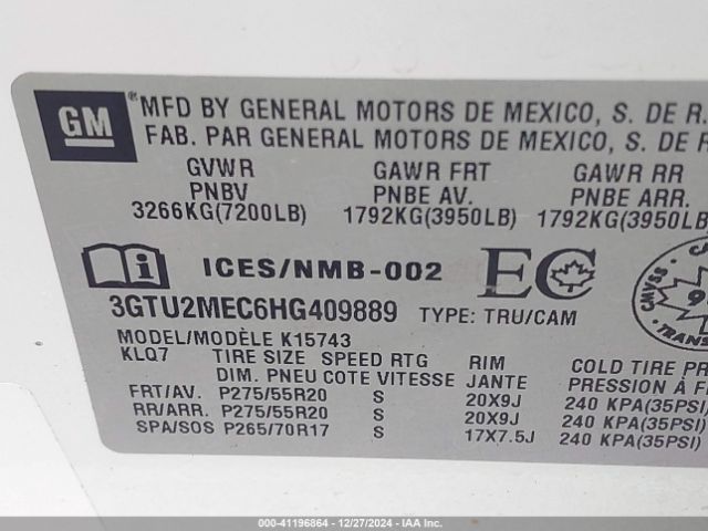 Photo 8 VIN: 3GTU2MEC6HG409889 - GMC SIERRA 