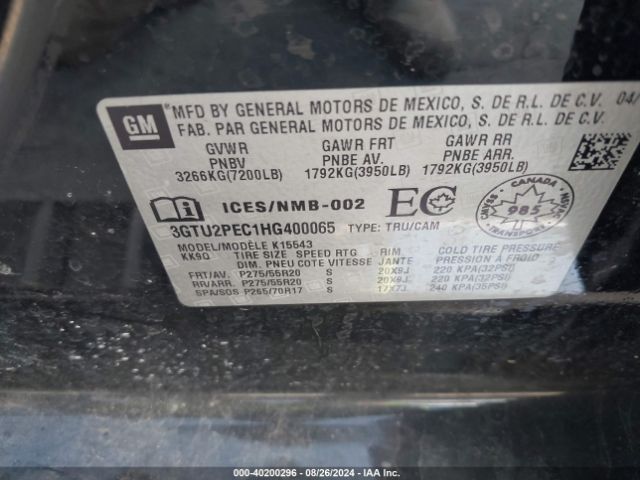 Photo 8 VIN: 3GTU2PEC1HG400065 - GMC SIERRA 