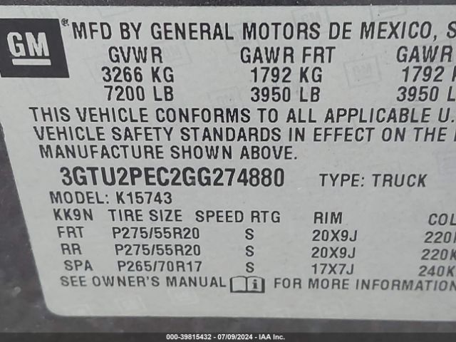 Photo 8 VIN: 3GTU2PEC2GG274880 - GMC SIERRA 1500 