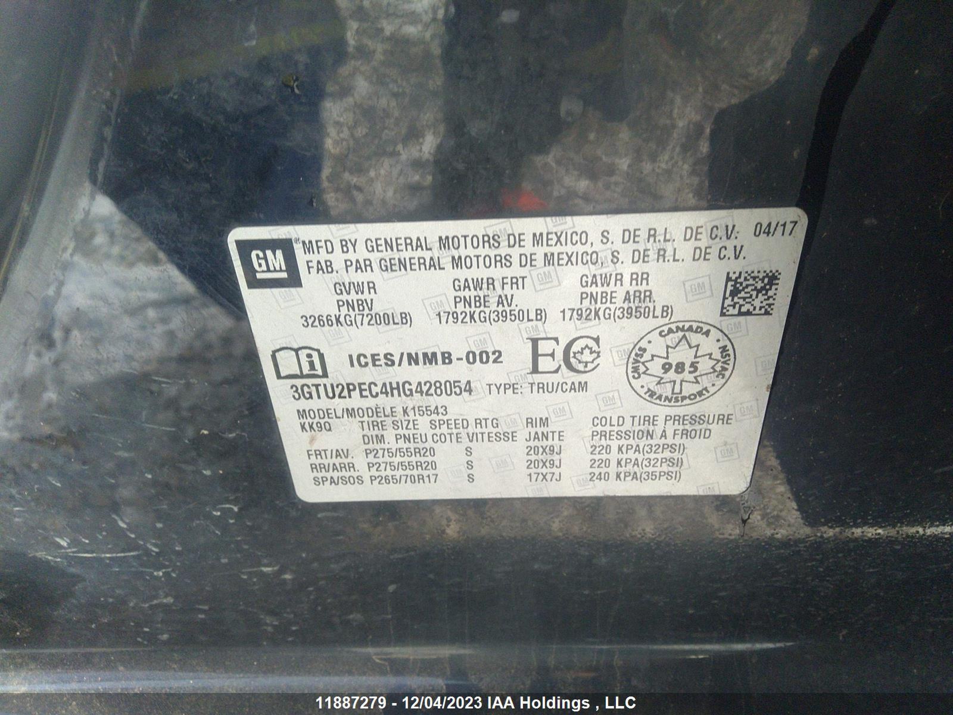 Photo 8 VIN: 3GTU2PEC4HG428054 - GMC SIERRA 