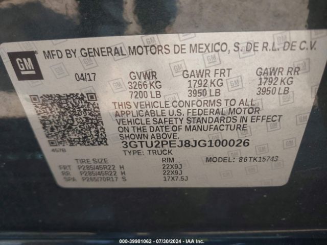 Photo 8 VIN: 3GTU2PEJ8JG100026 - GMC SIERRA 