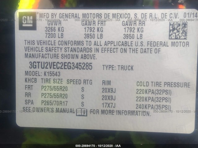 Photo 8 VIN: 3GTU2VEC2EG345285 - GMC SIERRA 1500 