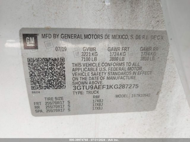 Photo 8 VIN: 3GTU9AEF1KG287275 - GMC SIERRA 