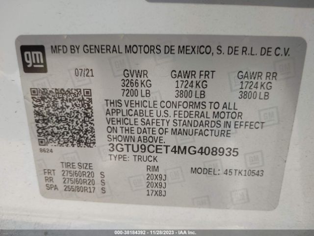 Photo 8 VIN: 3GTU9CET4MG408935 - GMC SIERRA 1500 