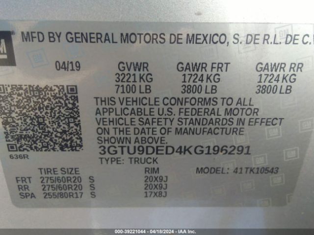 Photo 8 VIN: 3GTU9DED4KG196291 - GMC SIERRA 1500 