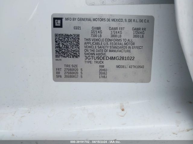 Photo 8 VIN: 3GTU9DED4MG281022 - GMC SIERRA 1500 