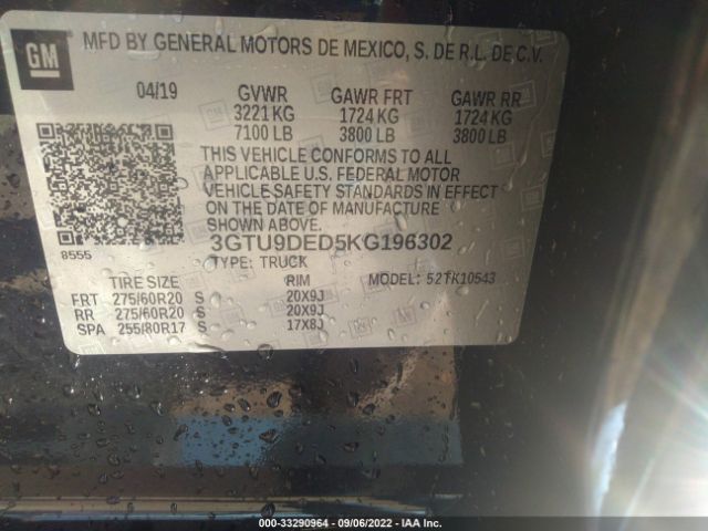 Photo 8 VIN: 3GTU9DED5KG196302 - GMC SIERRA 1500 