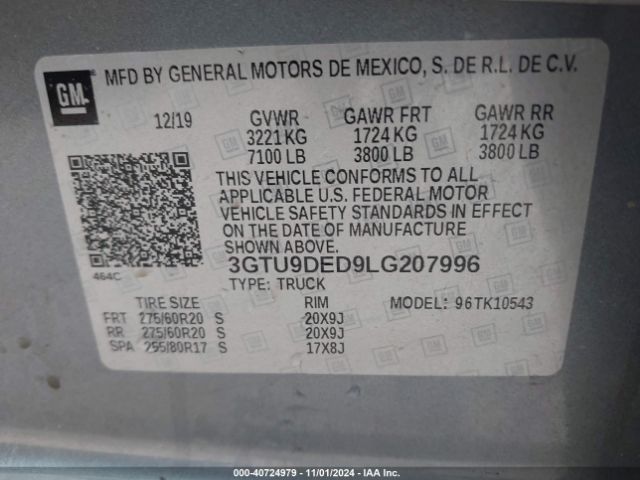 Photo 8 VIN: 3GTU9DED9LG207996 - GMC SIERRA 