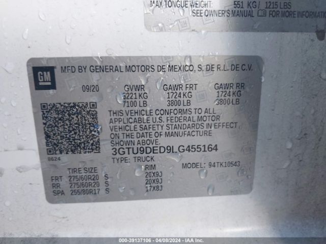 Photo 8 VIN: 3GTU9DED9LG455164 - GMC SIERRA 1500 