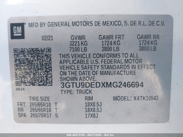 Photo 8 VIN: 3GTU9DEDXMG246694 - GMC SIERRA 