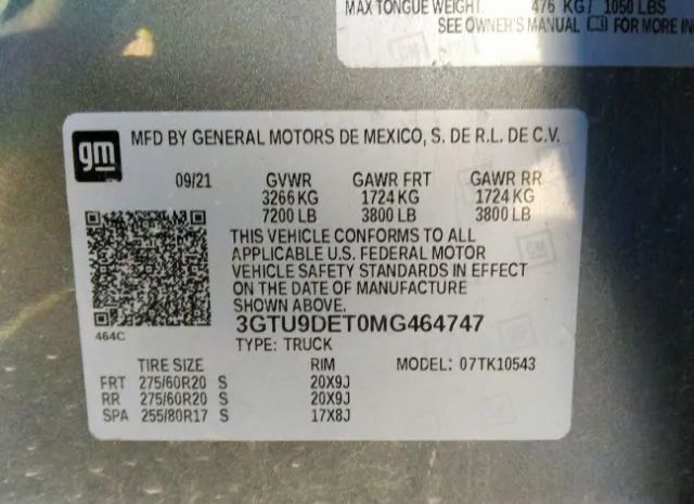 Photo 8 VIN: 3GTU9DET0MG464747 - GMC SIERRA 1500 