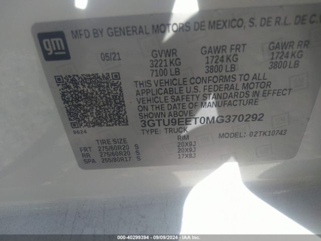 Photo 8 VIN: 3GTU9EET0MG370292 - GMC SIERRA 