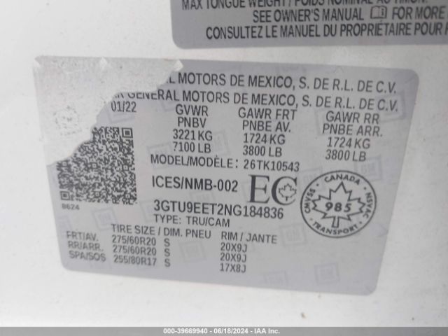 Photo 8 VIN: 3GTU9EET2NG184836 - GMC SIERRA LIMITED 