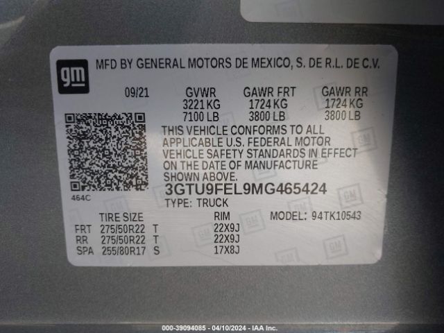 Photo 8 VIN: 3GTU9FEL9MG465424 - GMC SIERRA 1500 