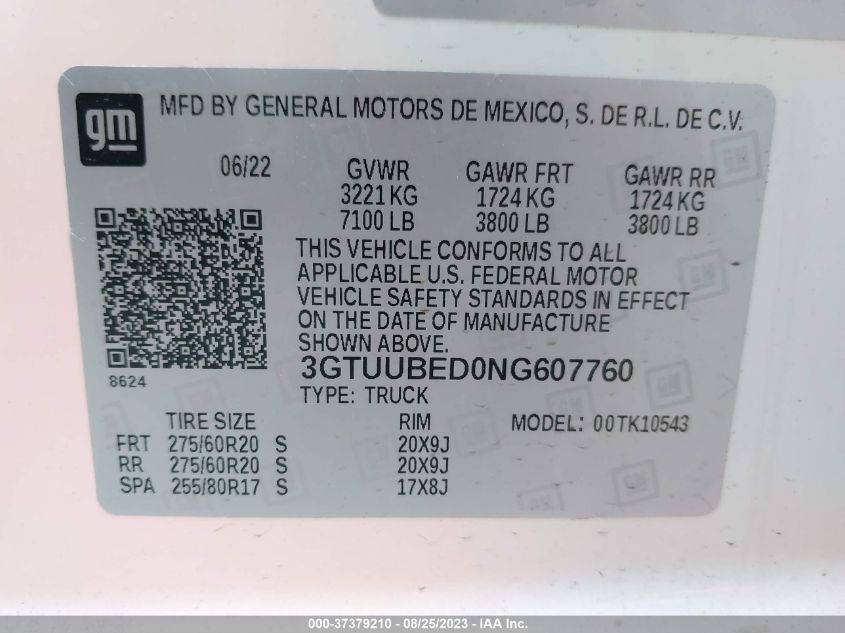 Photo 8 VIN: 3GTUUBED0NG607760 - GMC SIERRA 