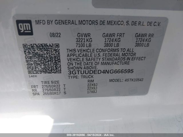 Photo 8 VIN: 3GTUUDED4NG666595 - GMC SIERRA 1500 