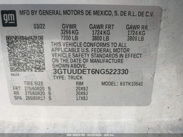 Photo 8 VIN: 3GTUUDET6NG522330 - GMC SIERRA 1500 