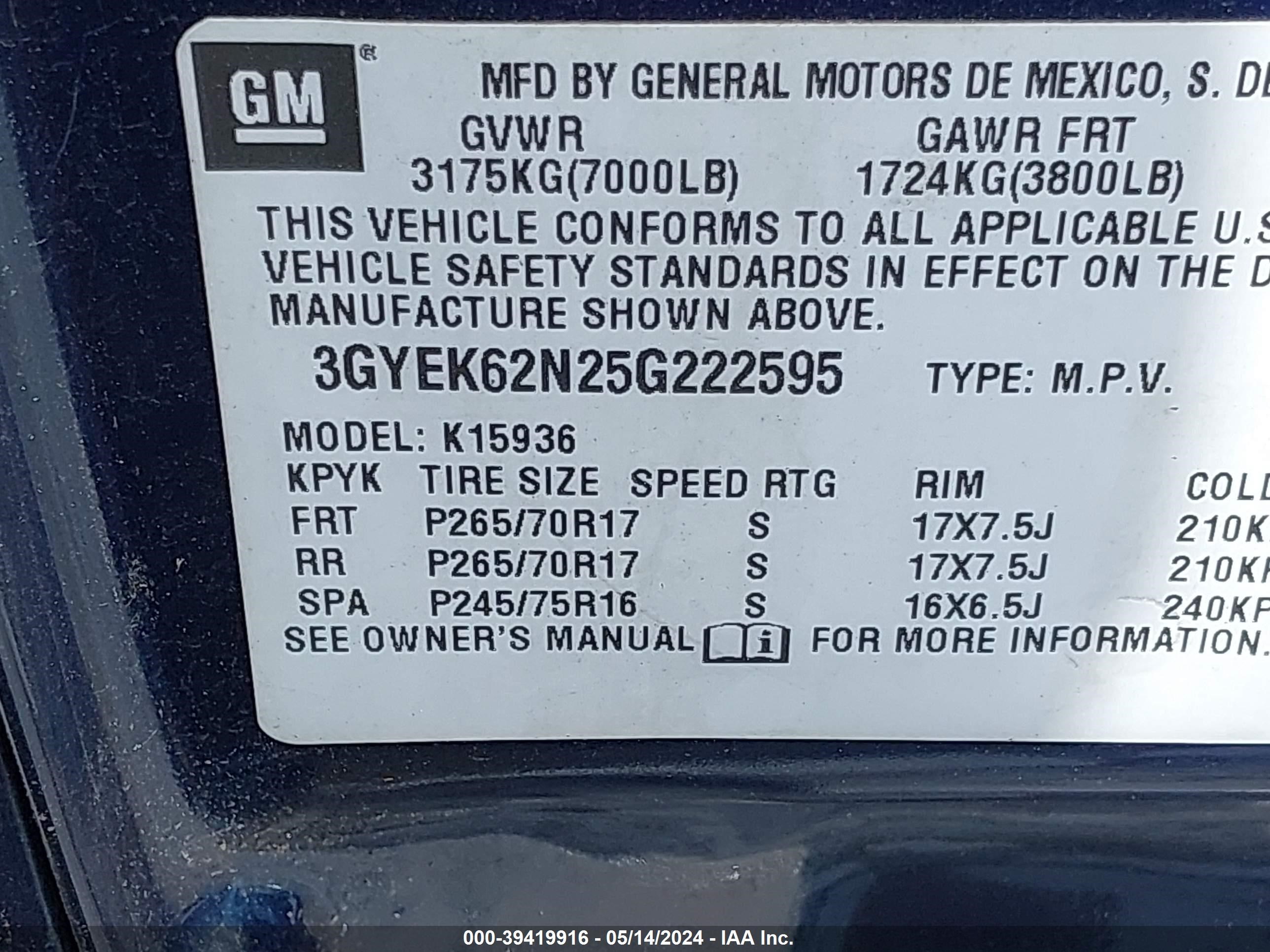 Photo 8 VIN: 3GYEK62N25G222595 - CADILLAC ESCALADE 