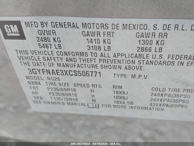 Photo 8 VIN: 3GYFNAE3XCS506771 - CADILLAC SRX 