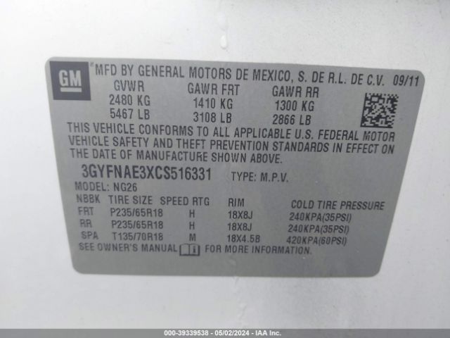 Photo 8 VIN: 3GYFNAE3XCS516331 - CADILLAC SRX 