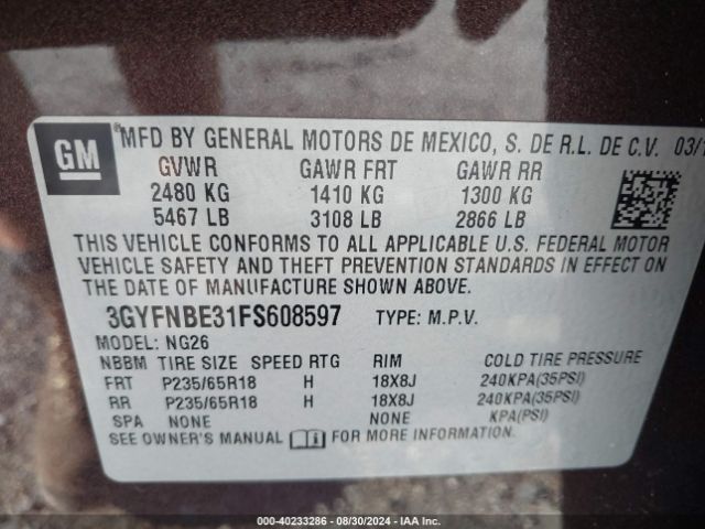 Photo 8 VIN: 3GYFNBE31FS608597 - CADILLAC SRX 