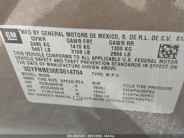 Photo 8 VIN: 3GYFNBE38ES614704 - CADILLAC SRX 