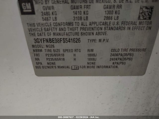 Photo 8 VIN: 3GYFNBE38FS541626 - CADILLAC SRX 