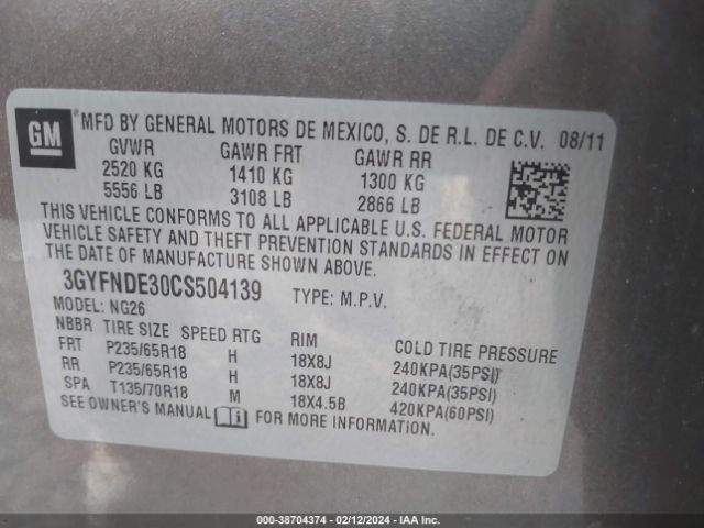 Photo 8 VIN: 3GYFNDE30CS504139 - CADILLAC SRX 