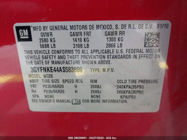 Photo 8 VIN: 3GYFNKE44AS583809 - CADILLAC SRX 