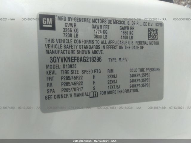 Photo 8 VIN: 3GYVKNEF8AG218396 - CADILLAC ESCALADE EXT 