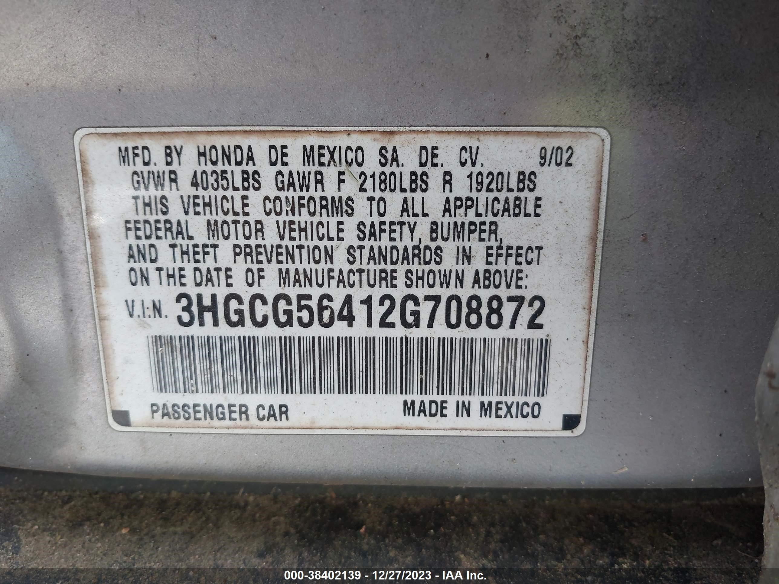 Photo 8 VIN: 3HGCG56412G708872 - HONDA ACCORD 