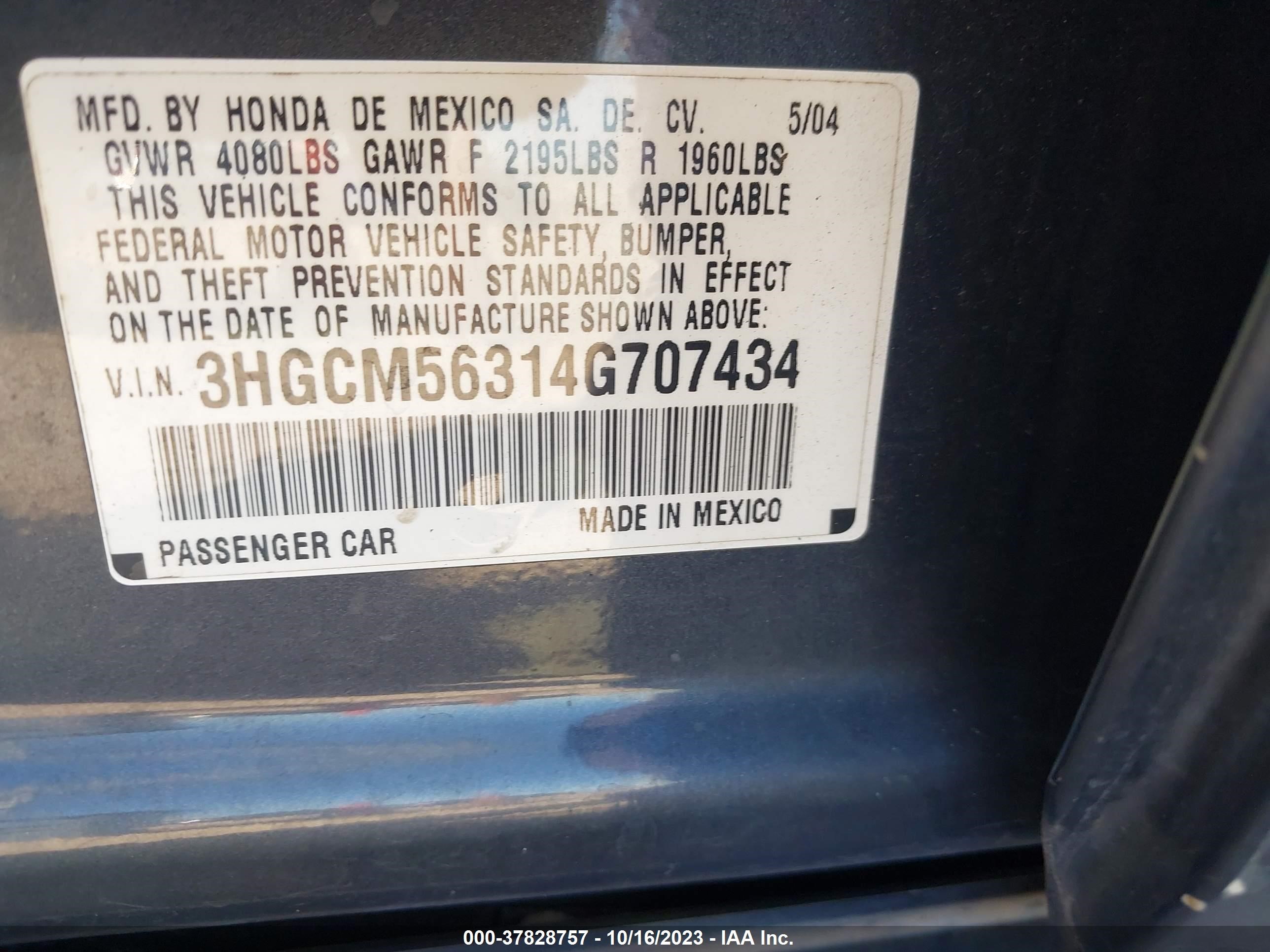 Photo 8 VIN: 3HGCM56314G707434 - HONDA ACCORD 