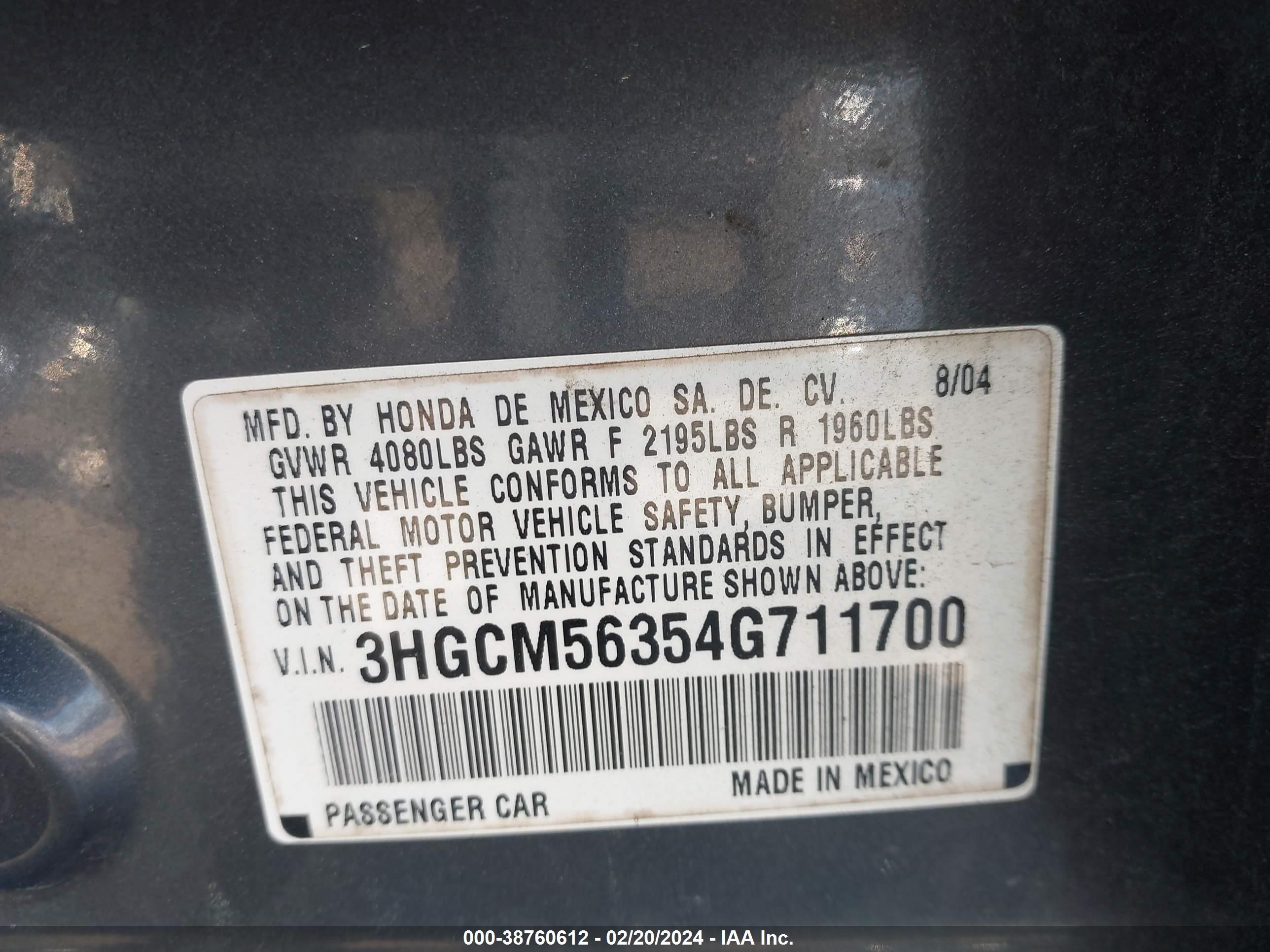 Photo 8 VIN: 3HGCM56354G711700 - HONDA ACCORD 