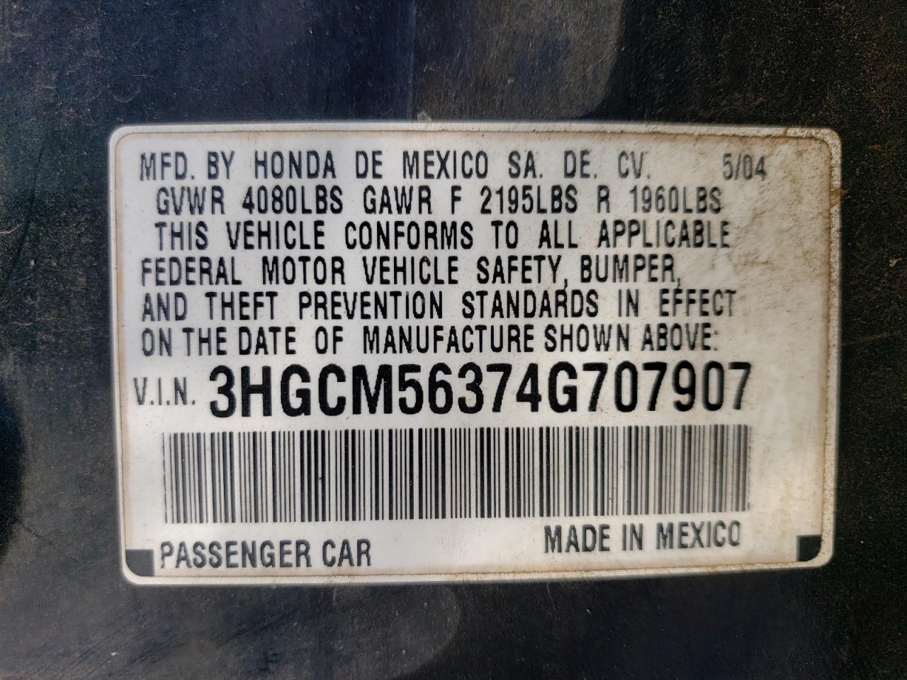 Photo 11 VIN: 3HGCM56374G707907 - HONDA ACCORD 