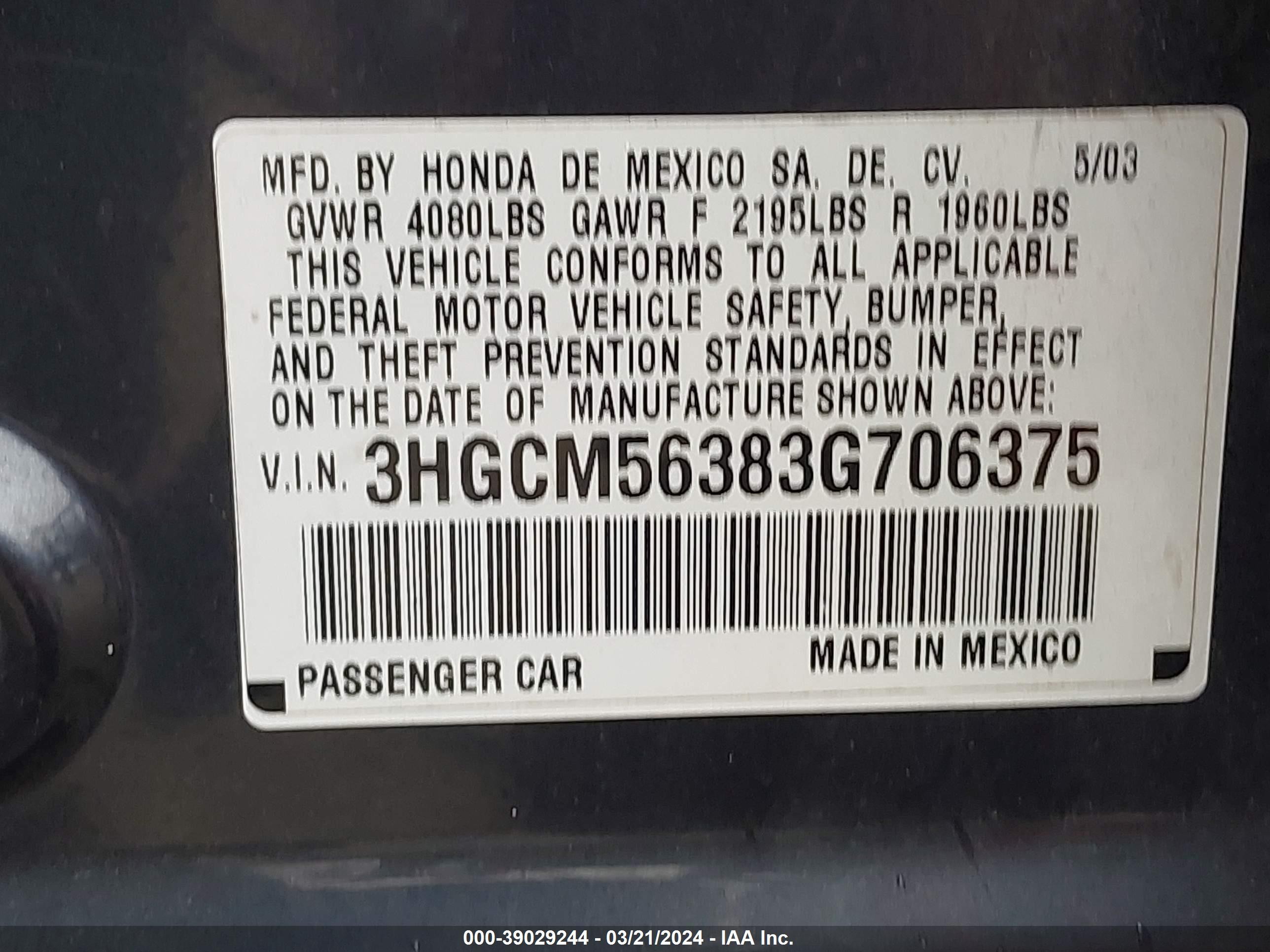 Photo 8 VIN: 3HGCM56383G706375 - HONDA ACCORD 