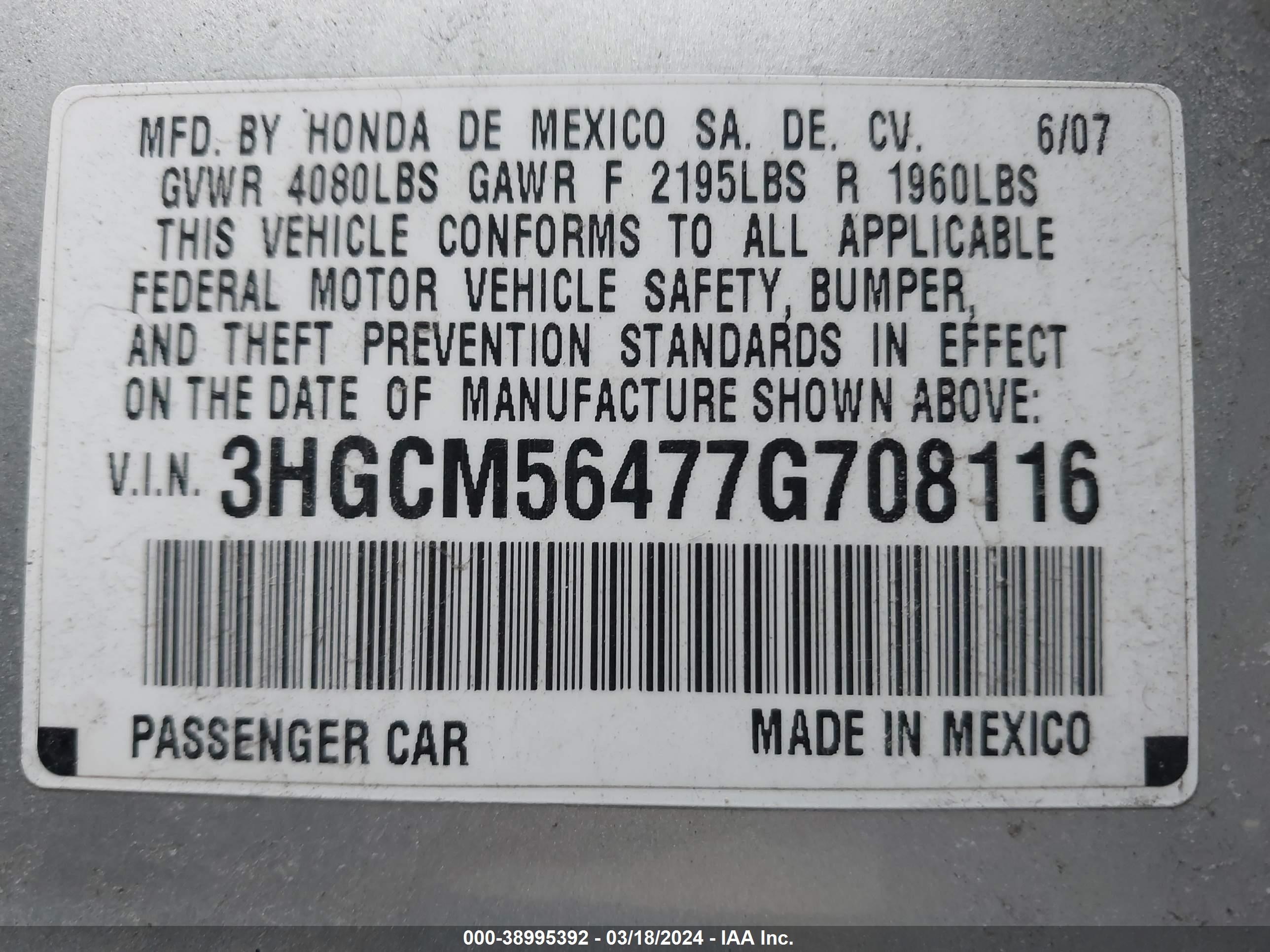 Photo 8 VIN: 3HGCM56477G708116 - HONDA ACCORD 