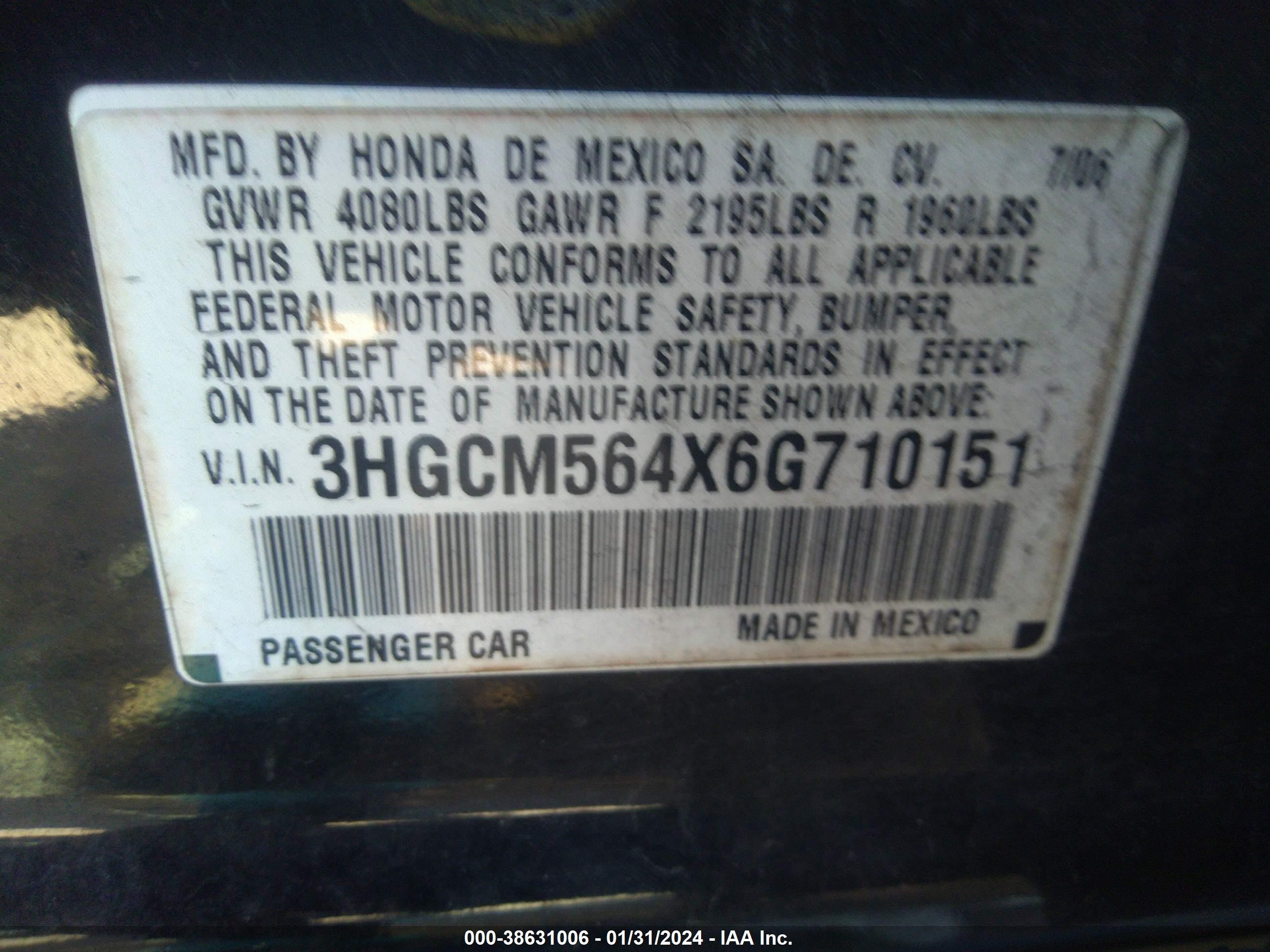 Photo 8 VIN: 3HGCM564X6G710151 - HONDA ACCORD 