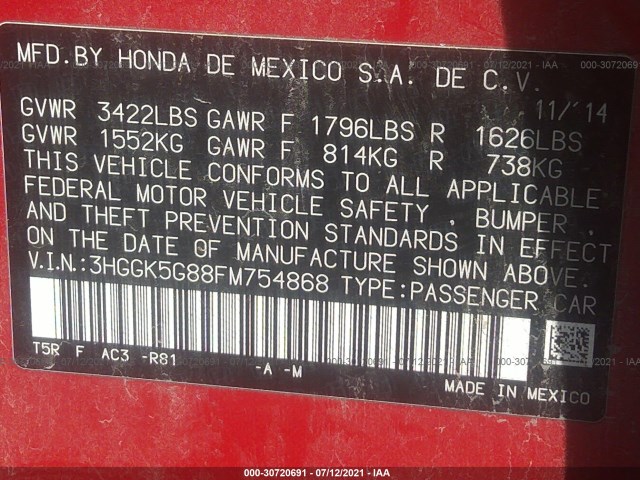 Photo 8 VIN: 3HGGK5G88FM754868 - HONDA FIT 